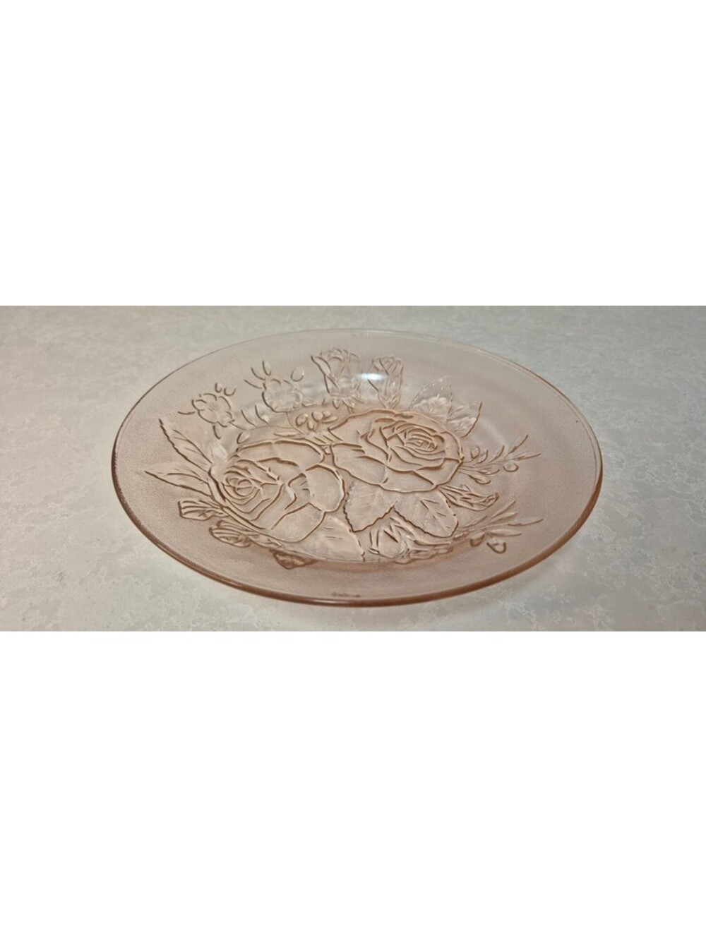 FIRNA Indonesia Pink Glass Rose Floral Embossed 10” Shallow Bowl